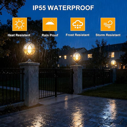 Outdoor Post Light Fixture Retro Amber Glass Ball Pillar Lights Waterproof Exterior Column Lamp Villa Courtyard Garden Park Doorpost Light Landscape Fence Bollard Pedestal Light