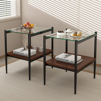 Set of 2 Glass End Table, 2-Layer Glass Living Room Table, Modern Tea Table Side Tables for Home Office Furniture