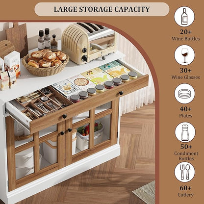 GarveeHome 35.4 in Sideboard Buffet Cabinets with Glass Door, Buffet Cabinet with Storage, White&Brown Sideboard Cabinet with Drawer, Modern Buffets & Sideboards for Dining Room, Kitchen