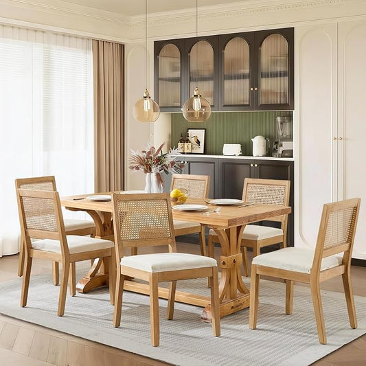SoarFlash French Dining Chairs Set of 6, Vintage Louis Dining Chairs with Rattan Backrest, Wooden Framehouse Chairs for Living Room, Kitchen, Restaurant, Beige