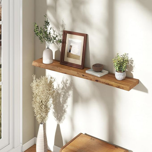 Rustic Elm Wood Floating Shelves 48 Inch, Wall Mounted Live Edge Floating Shelf for Bathroom Living Room Kitchen, Long Wooden Wall Shelves with Heavy-Duty Bracket for Books Decor Storage, Natural