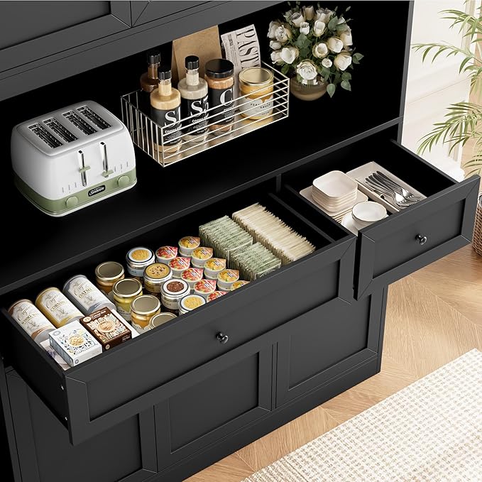 BOTLOG 72" Kitchen Pantry Cabinet, Kitchen Hutch with Microwave Stand, Buffet Cabinet with Hutch for Dining Room, Black