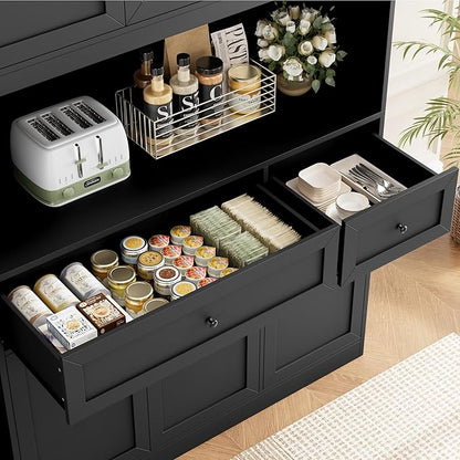 BOTLOG 72" Kitchen Pantry Cabinet, Kitchen Hutch with Microwave Stand, Buffet Cabinet with Hutch for Dining Room, Black