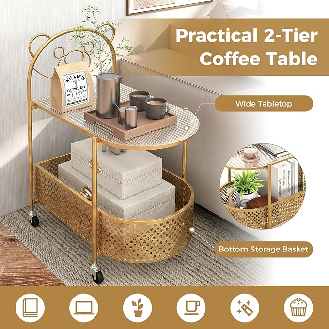 Giantex 2-Tier Modern Bear Pattern Coffee Table, Golden/White Lacquered Finish, Tempered Glass Top, Storage Basket, Wheels