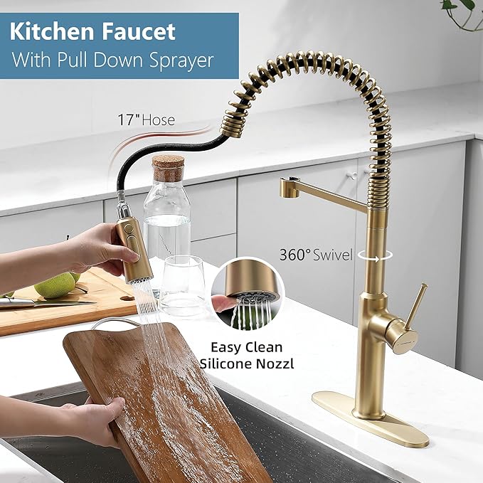 22‘’ Extra-Tall Brushed Gold Kitchen Sink Faucets, Commercial High Arc Single Handle Kitchen Faucets for Pull Down Sprayer Modern Spring with Deck Plate 22 inch