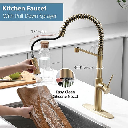 22‘’ Extra-Tall Brushed Gold Kitchen Sink Faucets, Commercial High Arc Single Handle Kitchen Faucets for Pull Down Sprayer Modern Spring with Deck Plate 22 inch