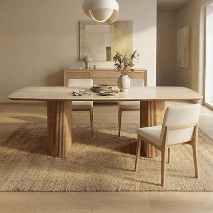 79'' Sintered Stone Dining Table for 8-10 People, Modern Rectangular Kitchen Table with Solid Wood Pedestal, Luxury Mid-Century Dining Room Table for Home Living Room