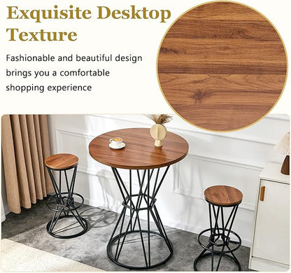Industrial 3-Piece Bar Counter Set – 31.5" Round MDF Table & 2 Rust-Resistant Metal Bar Stools with Foot Pedals | Perfect for Small Apartments, Kitchen Islands, Home Bars (Walnut+Black)