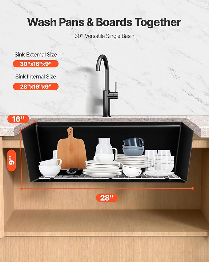 VEVOR 33 inch Kitchen Sink Workstation, Top Mount Granite Sinks, Drop-In Single Bowl Farmhouse Basin with Multiple Accessories, Household Dishwasher Sinks (18"D x 30"W x 9"H)
