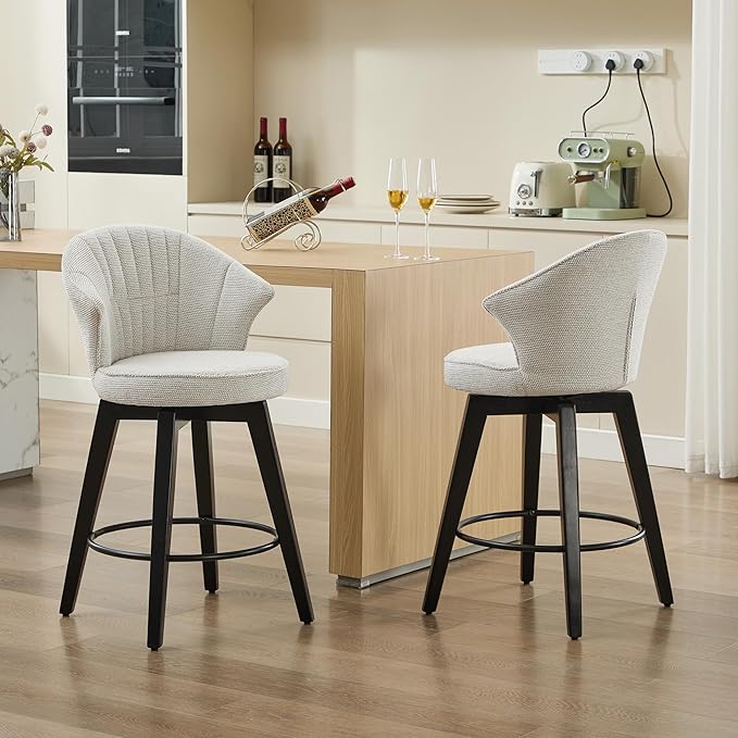 Modern Dining Chairs,Set of 2 - Sturdy Stylish,Simple Natural Design,Adjustable Counter Height Stools with Solid Wood Legs & Chenille Upholstery,Versatile Use for Kitchen Island,Home Pub,White-Chenil