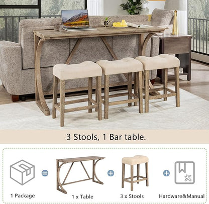 Polibi 4-Piece Farmhouse Counter Height Dining Set,Bar Table and Chairs Set,Bar Table with Power Outlet and 3 Padded Saddle Seat Stools for Living Room,Dining Room,Game Room,Brown