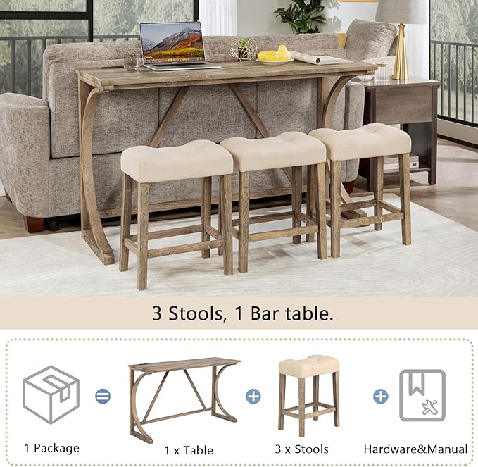 4 Piece Bar Table Set with Power Outlet, Wooden Counter Height Table with 3 Upholstered Stools, Modern Kitchen Dining Table Set for 4, Bar and Dining Room Table Set for Home, Brown