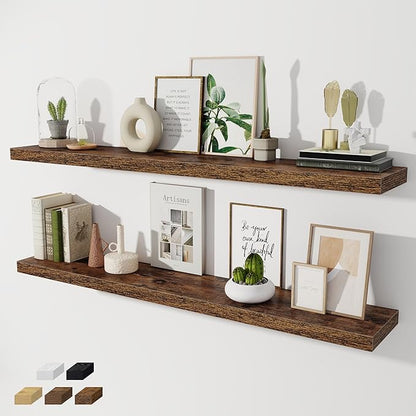Fun Memories 55 Inch Long Floating Shelves for Wall, 8" Deep Floating Shelves for Bathroom Living Room Bedroom, Rustic Wall Mounted Shelf with Invisible Heavy-Duty Bracket, Set of 2, Rustic Brown