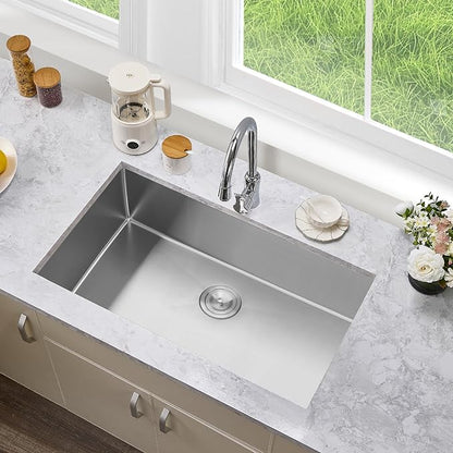33 Inch Undermount Kitchen Sink Single Bowl,304 Stainless Steel Kitchen Sink, Include Dish-DryingRoll-up Rack Accessories, (Brushed Nickel, 33x19x10 Inch)