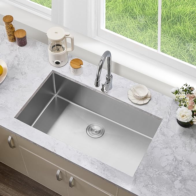 30 Inch Undermount Kitchen Sink Single Bowl,304 Stainless Steel Kitchen Sink, Include Dish-DryingRoll-up Rack Accessories, (Brushed Nickel, 30x19x10 Inch)