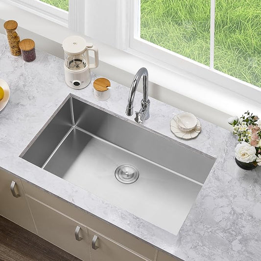 30 Inch Undermount Kitchen Sink Single Bowl,304 Stainless Steel Kitchen Sink, Include Dish-DryingRoll-up Rack Accessories, (Brushed Nickel, 30x19x10 Inch)