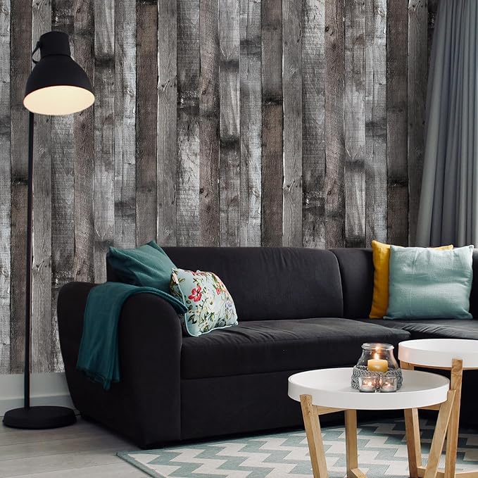 Yun-aeon Natural Wood-Dark Grey Wood Contact Paper Peel and Stick Wallpaper 17.3"x 400"Self Adhesive Removable Vintage Faux Wood Wall Paper Plank Shelf Home Decoration Kitchen Counter Cover Use