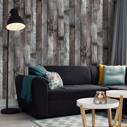 Yun-aeon 17.3"x 1200"Natural Wood-Dark Grey Wood Contact Paper Peel and Stick Wallpaper Self Adhesive Removable Vintage Faux Wood Wall Paper Plank Shelf Home Decoration Kitchen Counter Cover Use