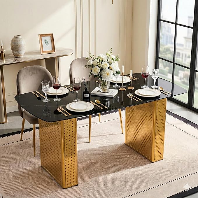 Modern Rectangular Dining Table, Tempered Glass Marble-Top with Gold Dual Pedestal Base, 6-8 Seater, Perforated Metal Frame for Stability, Stylish Kitchen Table for Dining Room and Home Office Use