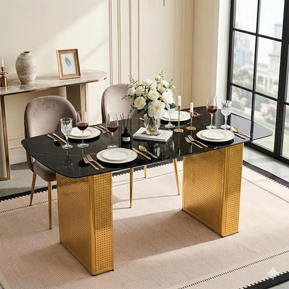 Modern Rectangular Dining Table, Tempered Glass Marble-Top with Gold Dual Pedestal Base, 6-8 Seater, Perforated Metal Frame for Stability, Stylish Kitchen Table for Dining Room and Home Office Use