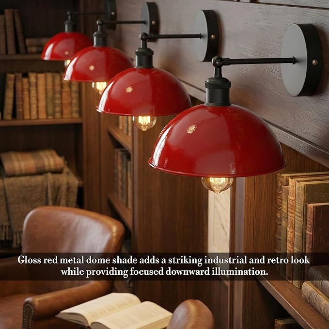 Dome Metal Wall Sconce, 180° Adjustable Industrial Wall Lamp for Bedside, Study, Kitchen, and Living Room Décor. (Red_)