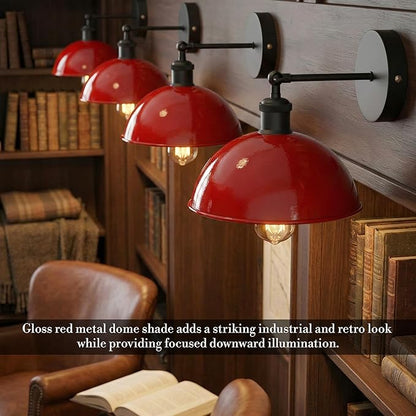 Dome Metal Wall Sconce, 180° Adjustable Industrial Wall Lamp for Bedside, Study, Kitchen, and Living Room Décor. (Red_)