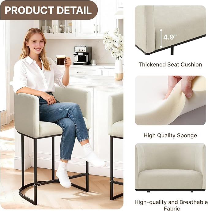 24" Counter Height Bar Stools Set of 2, Modern Barrel Counter Stools with Backrest and Arms, Fabric Upholstered Accent Barstools with Metal Legs for Kitchen Island,Sand