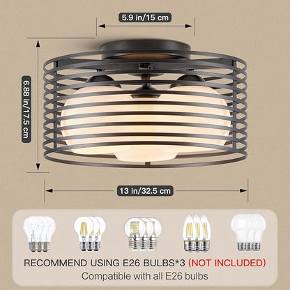 Modern Industrial Semi Flush Mount Ceiling Light, 3-Light Black Farmhouse Ceiling Light Fixture with Glass Shade, Hallway Lighting Fixture for Kitchen, Bedroom, Bathroom, Foyer, Laundry room 12.79in