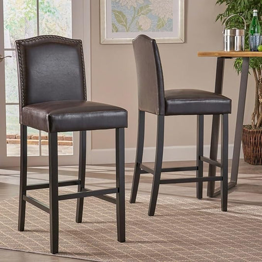 GOWE Barstools Set of 2, Upholstered Bar Stools for Kitchen Island, Dark Brown Rubberwood Legs PU Faux Leather Seating 300LBS Weight Capacity