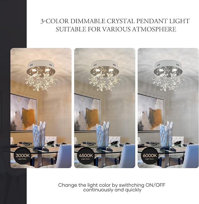 4-Lights Modern Chandelier K9 Crystal Lighting Fixture,11.8 Inch Round Silver Stainless Steel Flush Mount Ceiling Lights for Bedroom Foyer Hallway Dining Room,GU10 Bulbs Include