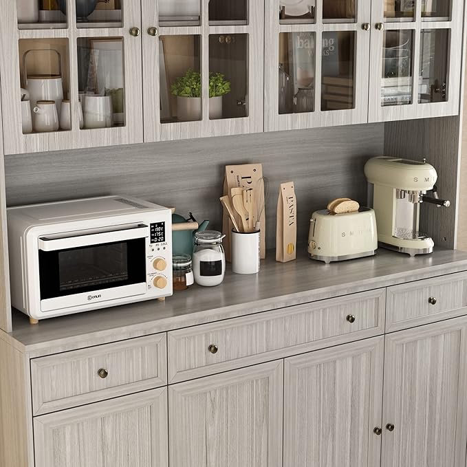 FUFU&GAGA 74.8" Tall Kitchen Pantry Cabinet with 5 Tiers Shelf, 8 Doors & 3 Drawers & Microwave Stand, Freestanding Hutch Cabinet with Buffet Cupboard for Kitchen, Dinningroom