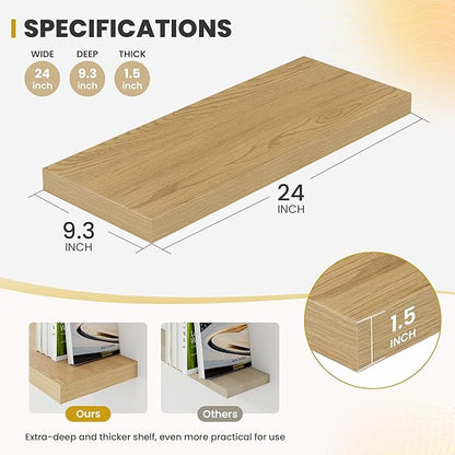 Acovy 24 Inch Floating Shelves, 9.3" Deep Floating Shelf Wall Mounted, 24" Wall Shelves, Rustic Deep Bookshelf, Large Display Shelves & Storage Shelves for Bedroom, Living Room, Oak, Set of 2