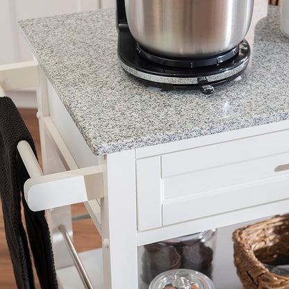 Linon Kyler White Granite Topped Kitchen Cart with Lockable Casters and Hidden Storage Spaces