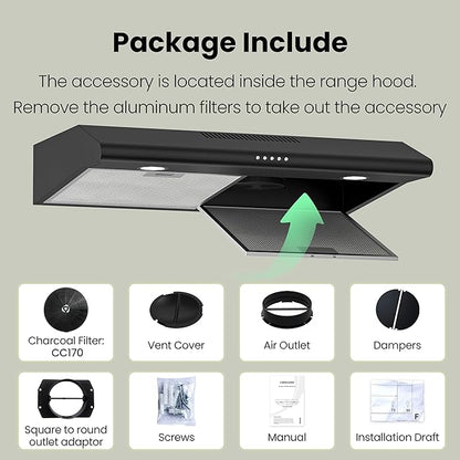 FIREGAS 30 Inch Black Under Cabinet Range Hood, Ducted/Ductless Convertible Kitchen Vent Hood with LED Light, 3-Speed Exhaust Fan, Push Button Control, Slim Stove Hood for Modern Kitchen