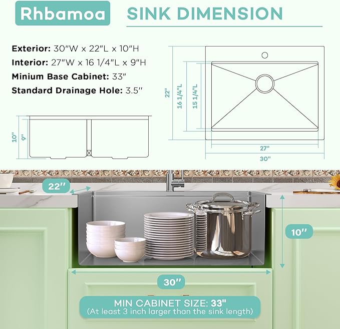 30 Inch Stainless Steel Farmhouse Sink,16-Gauge T304 Stainless Steel Single Bowl Apron Front Kitchen Farm Sink,30'' x 22'' Topmount Farmhouse Sinks with All Accessories