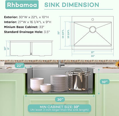 30 Inch Stainless Steel Farmhouse Sink,16-Gauge T304 Stainless Steel Single Bowl Apron Front Kitchen Farm Sink,30'' x 22'' Topmount Farmhouse Sinks with All Accessories