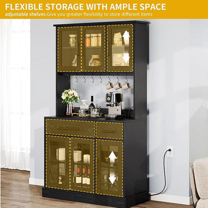 DWVO Kitchen Pantry Storage Cabinet with Microwave Stand, 71'' Tall Kitchen Hutch Cabinets with Power Outlet, Modern Food Pantry Hutch with Drawers ＆ Shelves for Home, Pack of 1, Black