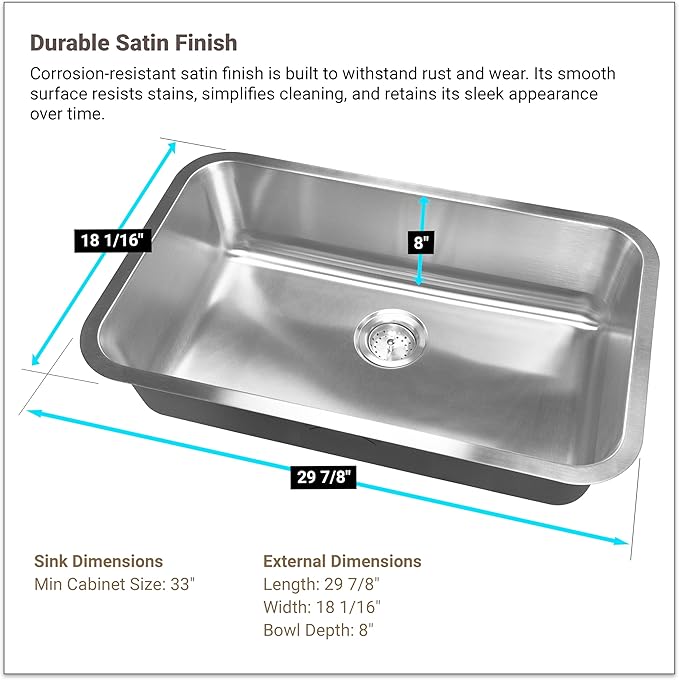 MSI 30 Inch Undermount Single Bowl 18 Gauge Stainless Steel Kitchen Bar Sink and Strainer