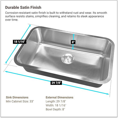 MSI 30 Inch Undermount Single Bowl 18 Gauge Stainless Steel Kitchen Bar Sink and Strainer
