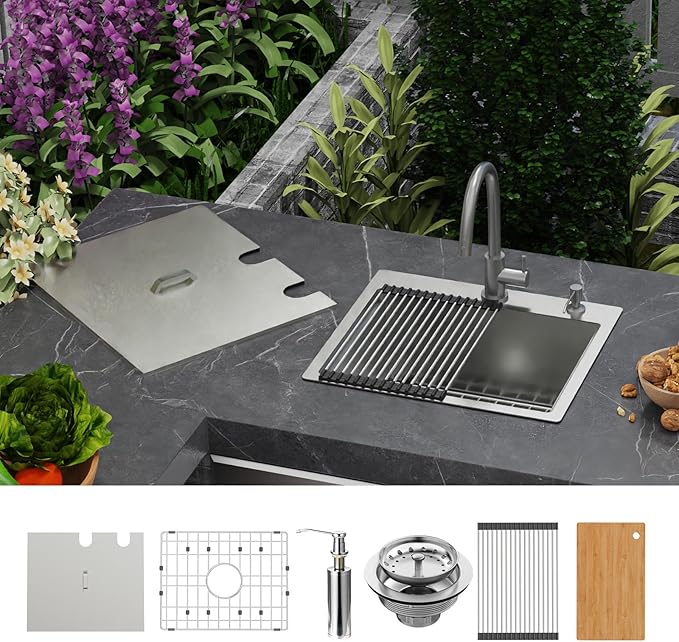 21x18 Inch Kitchen Sink With Dust Lid-Stainless Steel Drop In Single Bowl Built-in Ledge Topmount Workstation Sink Fully Covering Sink To Maintain Cleanliness Suit Outdoor&Indoor Kitchen