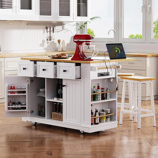 53'' Large Kitchen Island Sets with 2 Bar Stools & 3 Drawers & Power Outlet & Door Internal Storage Rack, Kitchen Storage Cart with 5 Wheels & Drop Leaf & 5 Open Side Racks, White