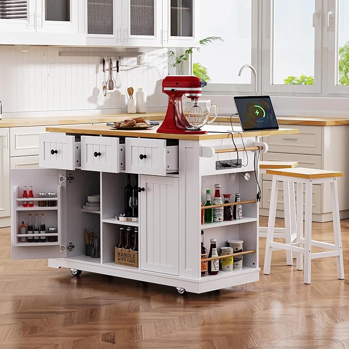 53'' Large Kitchen Island with 3 Drawers & Power Outlet & Door Internal Storage Rack & 5 Open Side Racks, Kitchen Storage Cart with 5 Wheels & Drop Leaf & 5 Open Side Racks, White