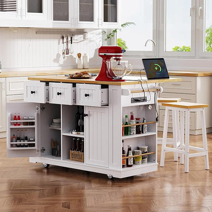 53'' Large Kitchen Island with 3 Drawers & Power Outlet & Door Internal Storage Rack & 5 Open Side Racks, Kitchen Storage Cart with 5 Wheels & Drop Leaf & 5 Open Side Racks, White