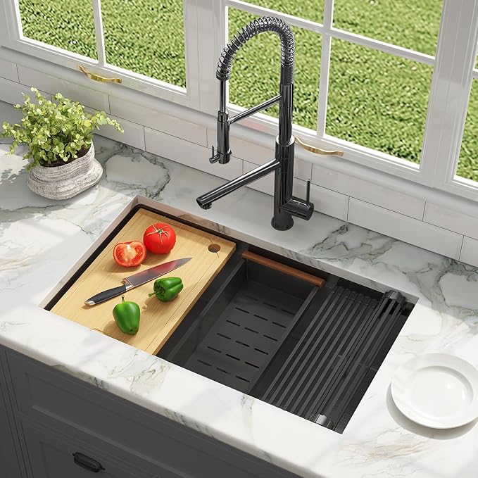 Kitsitchen Black Undermount Kitchen Sink,16 Gauge T-304S Stainless Steel Workstation Sink,33“ x 19"x 9" Large and Deep Single Bowl Kithchen Sink with Practical Accessories