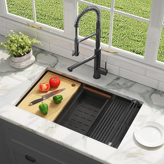 Kitsitchen Black Undermount Kitchen Sink,16 Gauge T-304S Stainless Steel Workstation Sink,33“ x 19"x 9" Large and Deep Single Bowl Kithchen Sink with Practical Accessories