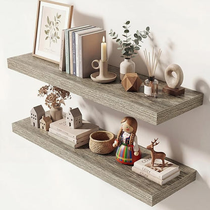 Dreamland 32 Inches Floating Shelves for Wall, 9.3" Deep Long Floating Shelves Set of 2, Large Display & Storage Shelf, Wall Shelf for Bathroom Bedroom Living Room Kitchen Office, Grey