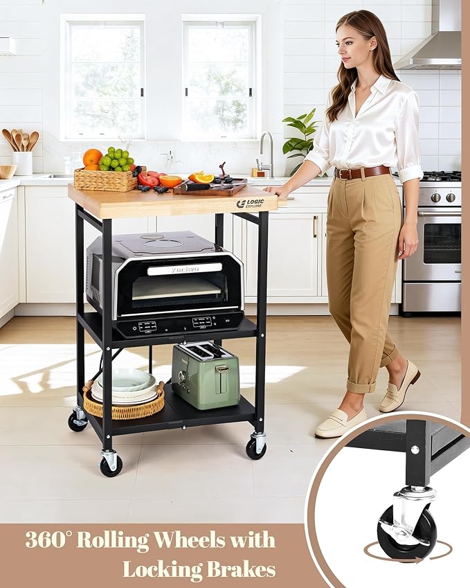 Foldable Kitchen Storage Cart with Solid Oak Top, Heavy-Duty Metal Frame, 3-Tier Rolling Utility Rack, Kitchen Island on Lockable Wheels for Microwave, Toaster Oven & Food Prep