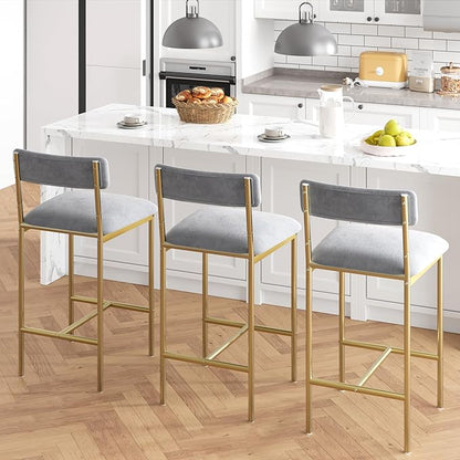 TrailBlaze Set of 2 Upholstered Bar Stools with Backrest & Footrest, Counter Height Dining Chairs, Thick Cushions - Modern Soft Fabric Grey and Gold - Kitchen Island, Dining Room, Bar - Easy Assembly