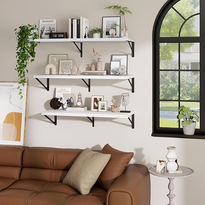 Deep Wall Shelves 24"W x 12"D Engineered Wood Floating Shelves for Wall, Sturdy Metal Bracket Bookshelves Home Decor Storage for Living Room Bedroom Bathroom Kitchen, Set of 2, White Finish