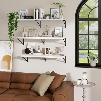 Deep Wall Shelves 55"W x 12"D Engineered Wood Floating Shelves for Wall, Sturdy Metal Bracket Bookshelves Home Decor Storage for Living Room Bedroom Bathroom Kitchen, Set of 2, White Finish